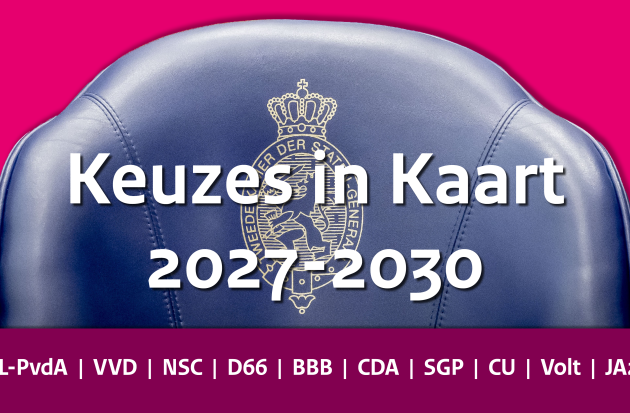 Een afbeelding van een Tweede Kamerzetel met daarop in tekst 'Keuzes in Kaart 2027-2030' en daaronder de namen van de politieke partijen GrL-PvdA, VVD, NSC, BBB, D66, CDA, SGP, CU, VOLT, JA21