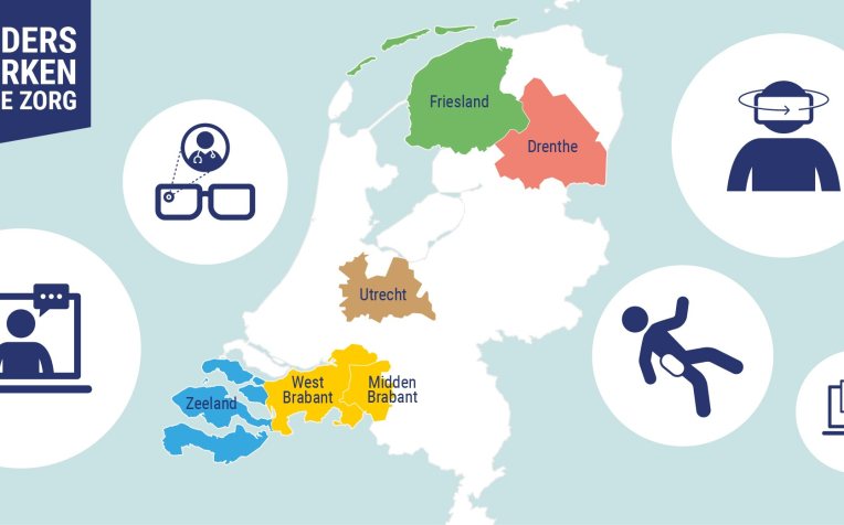 Landkaart met aangesloten regio's bij Anders Werken in de Zorg
