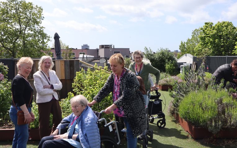 Ouderen op een groen dakterras