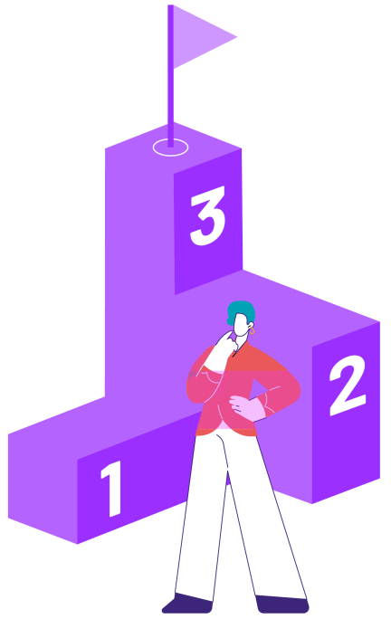Illustratie van een persoon die nadenkend op een driedelig podium staat