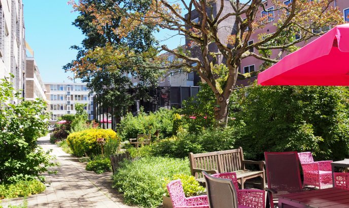 Tuin met terras bij zorgorganisatie Pennemes