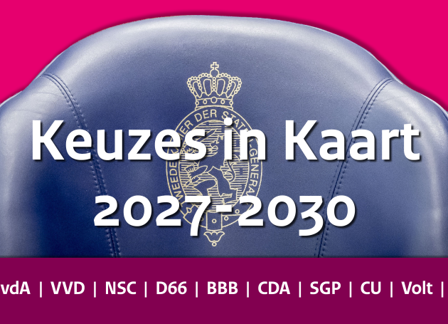 Een afbeelding van een Tweede Kamerzetel met daarop in tekst 'Keuzes in Kaart 2027-2030' en daaronder de namen van de politieke partijen GrL-PvdA, VVD, NSC, BBB, D66, CDA, SGP, CU, VOLT, JA21